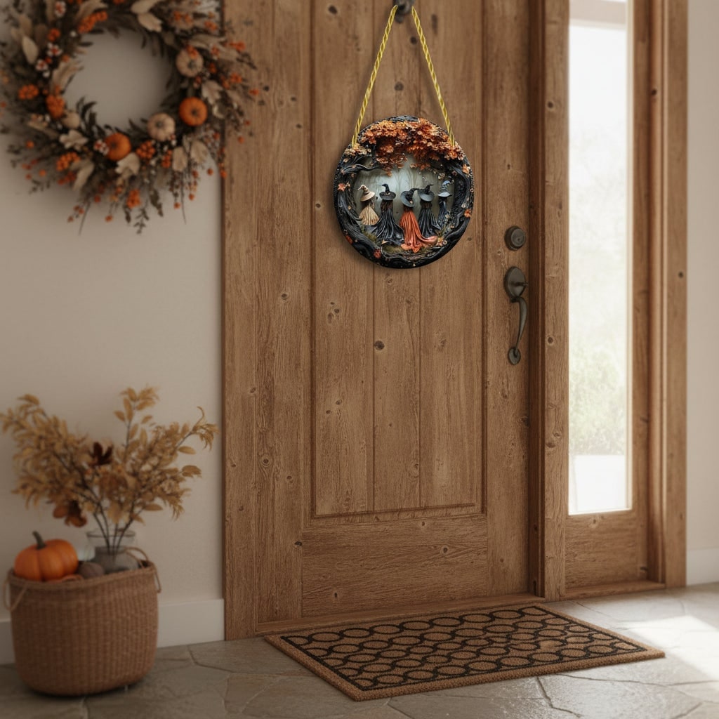 Decorazione per insegna per porta di Halloween con design di strega e foglie autunnali da appendere alla parete per la parte anteriore
