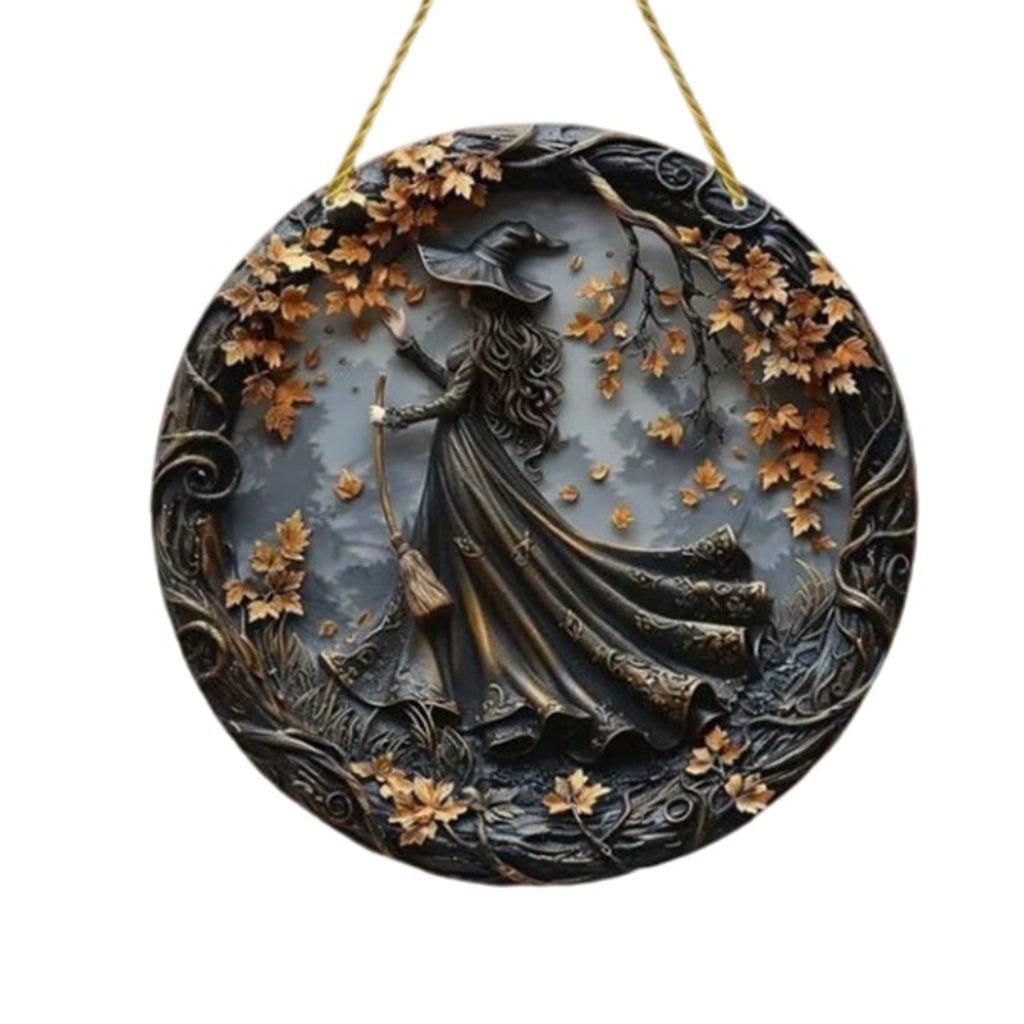 Decorazione per insegna per porta di Halloween con design di strega e foglie autunnali da appendere alla parete per la parte anteriore