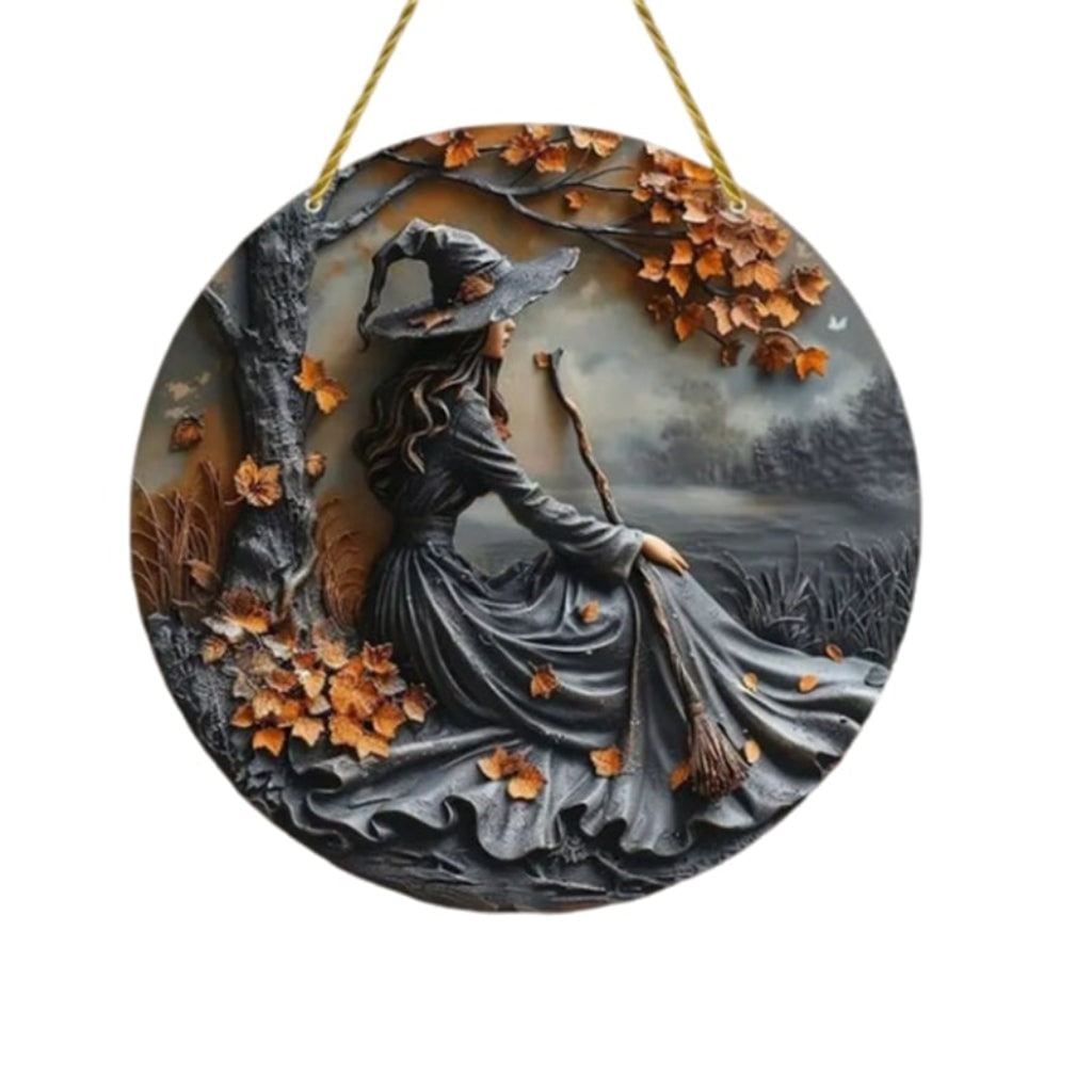 Decorazione per insegna per porta di Halloween con design di strega e foglie autunnali da appendere alla parete per la parte anteriore