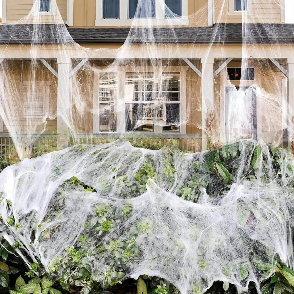 Ragnatela elastica con decorazione ragnatela gigante di Halloween con nero per feste all'aperto e casa stregata