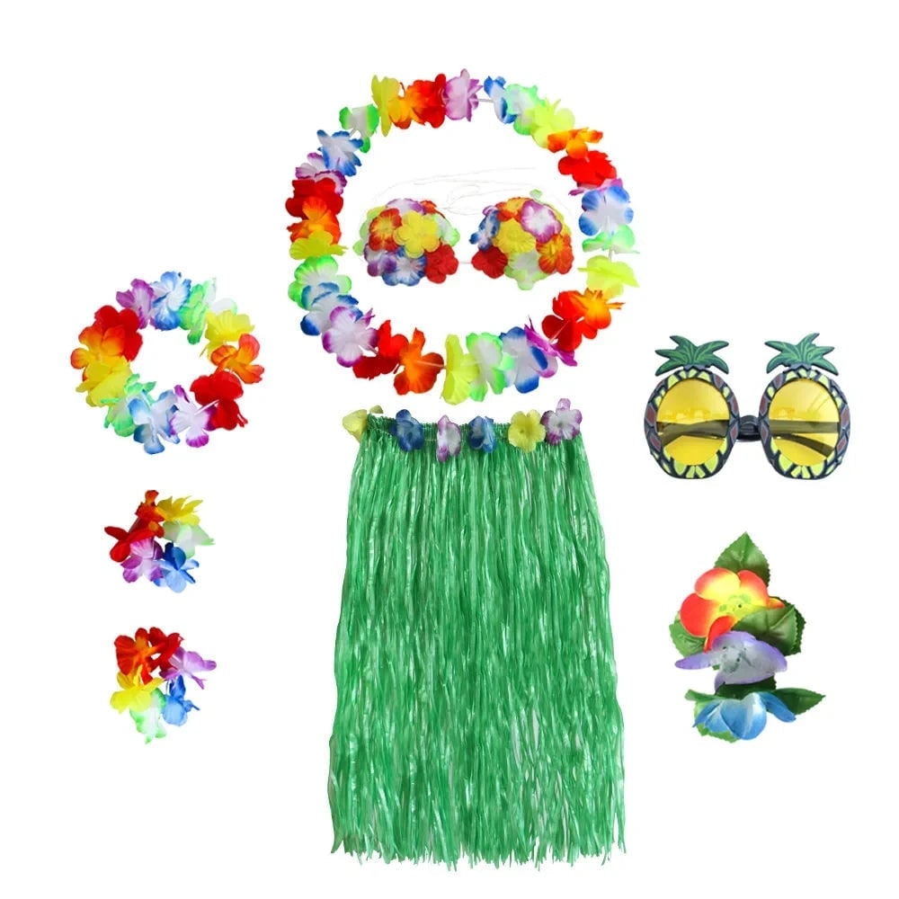 Costume con gonna in erba di Halloween, set in due pezzi con accessori per abiti Hula e lei