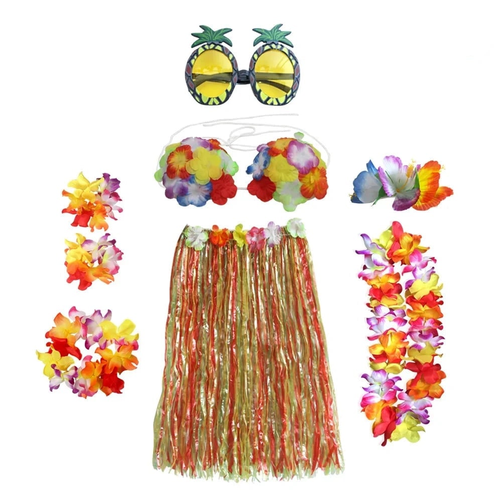 Costume con gonna in erba di Halloween, set in due pezzi con accessori per abiti Hula e lei