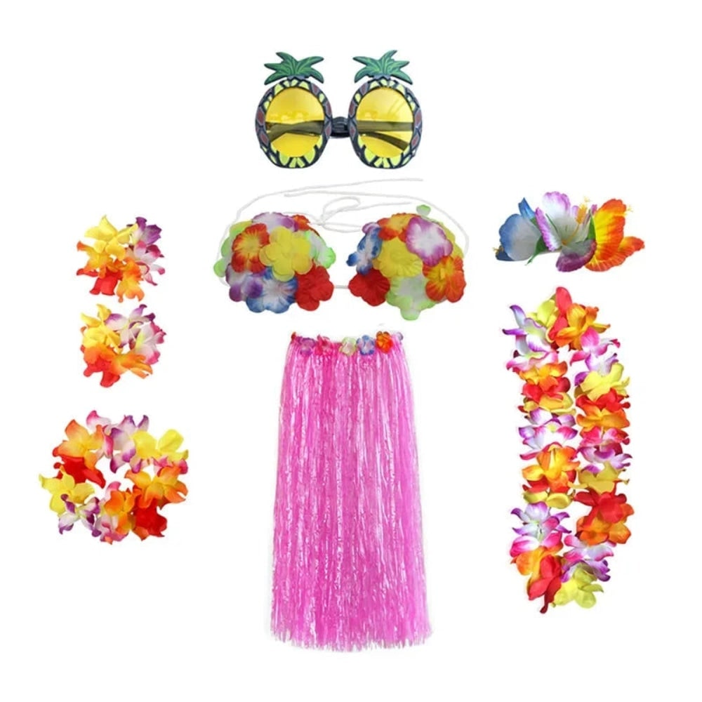 Costume con gonna in erba di Halloween, set in due pezzi con accessori per abiti Hula e lei