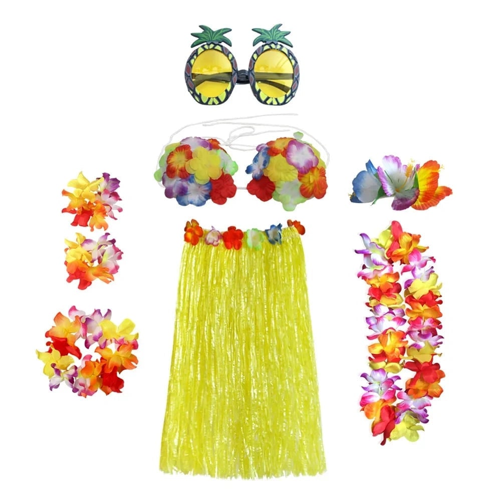 Costume con gonna in erba di Halloween, set in due pezzi con accessori per abiti Hula e lei