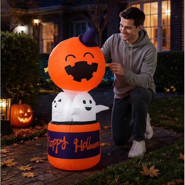 Palloncino gonfiabile di zucca di Halloween con decorazione ad aria calda del diavolo a LED per esposizioni di cortili e feste all'aperto