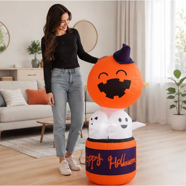 Palloncino gonfiabile di zucca di Halloween con decorazione ad aria calda del diavolo a LED per esposizioni di cortili e feste all'aperto