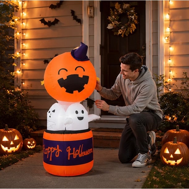 Palloncino gonfiabile di zucca di Halloween con decorazione ad aria calda del diavolo a LED per esposizioni di cortili e feste all'aperto