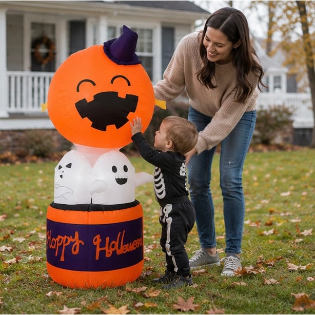 Palloncino gonfiabile di zucca di Halloween con decorazione ad aria calda del diavolo a LED per esposizioni di cortili e feste all'aperto
