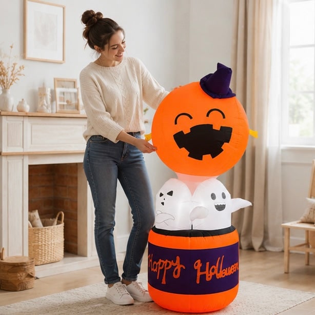 Palloncino gonfiabile di zucca di Halloween con decorazione ad aria calda del diavolo a LED per esposizioni di cortili e feste all'aperto