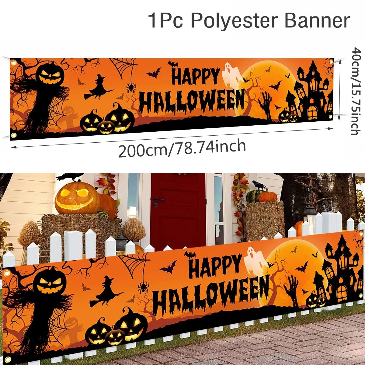 Banner da esterno di Halloween con Jack O Lantern e casa stregata per la decorazione del giardino