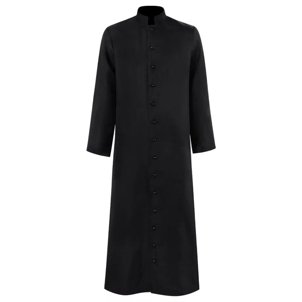 Abito talare in costume da prete di Halloween con bottoni sul davanti per un autentico look ecclesiastico