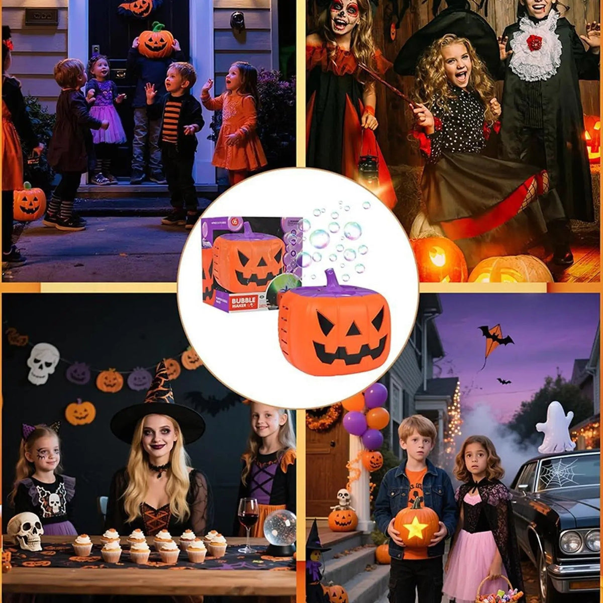 Macchina per bolle di zucca di Halloween e soffiatore con luci a LED per decorazioni per feste all'aperto
