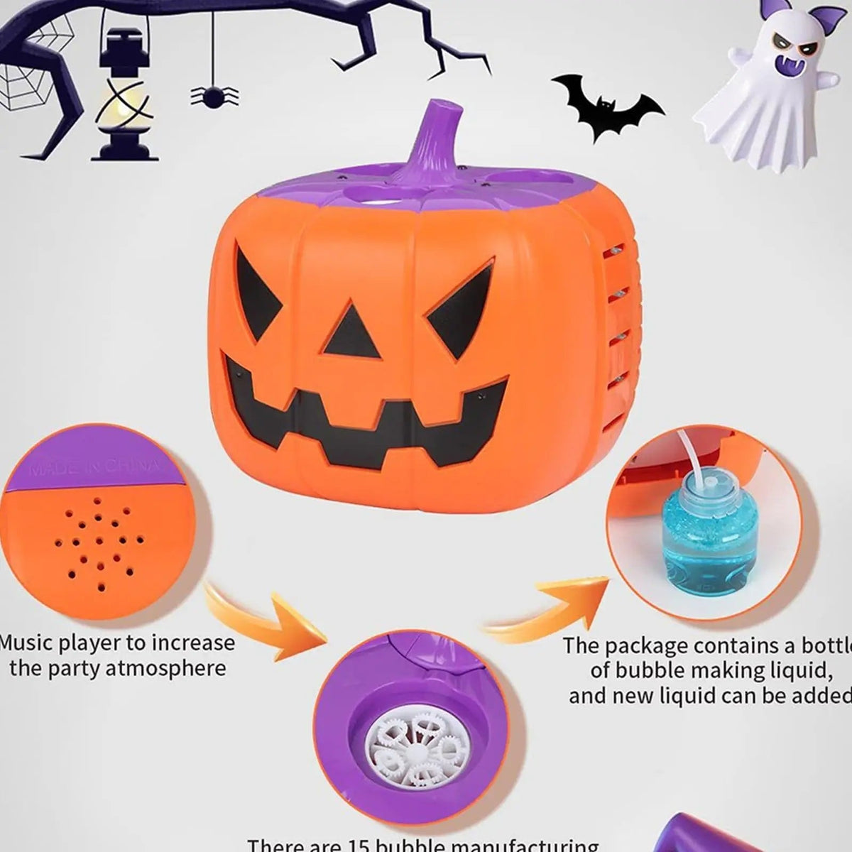 Macchina per bolle di zucca di Halloween e soffiatore con luci a LED per decorazioni per feste all'aperto