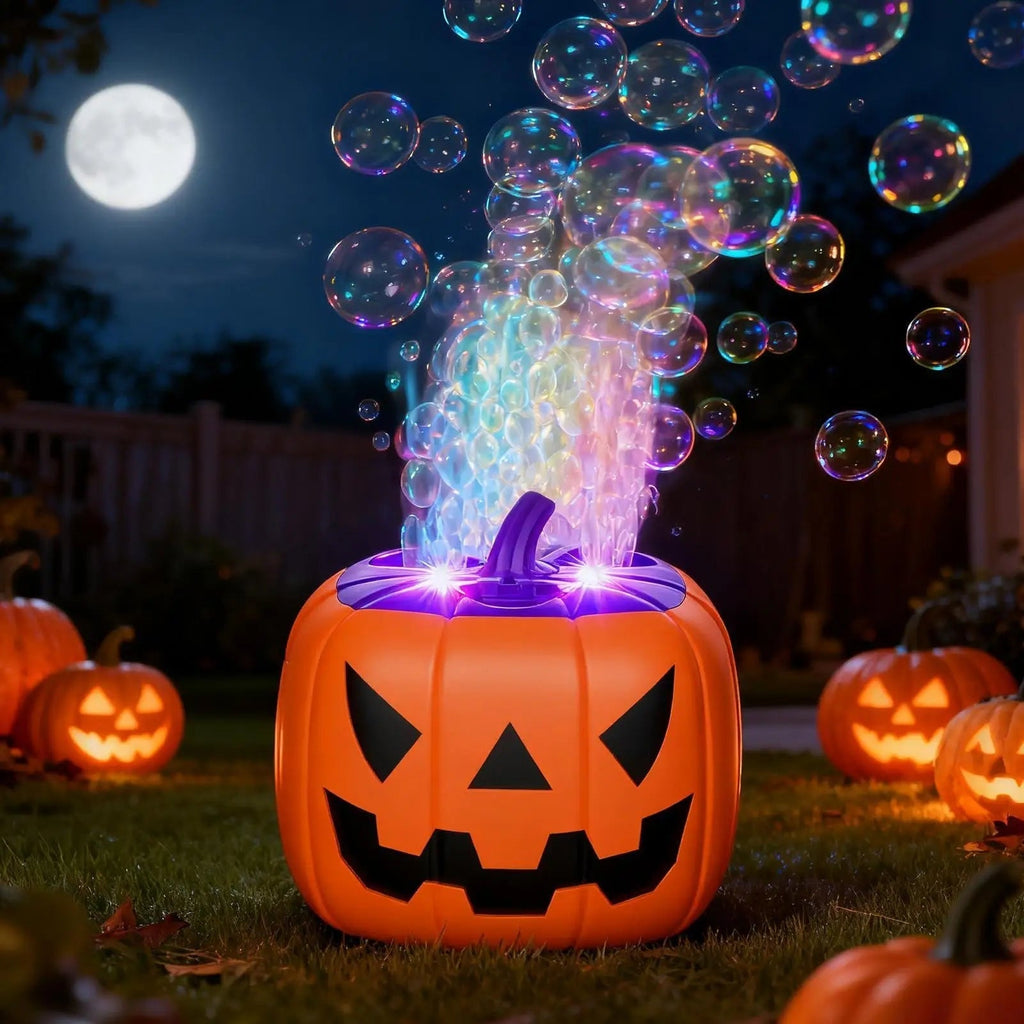 Macchina per bolle di zucca di Halloween e soffiatore con luci a LED per decorazioni per feste all'aperto