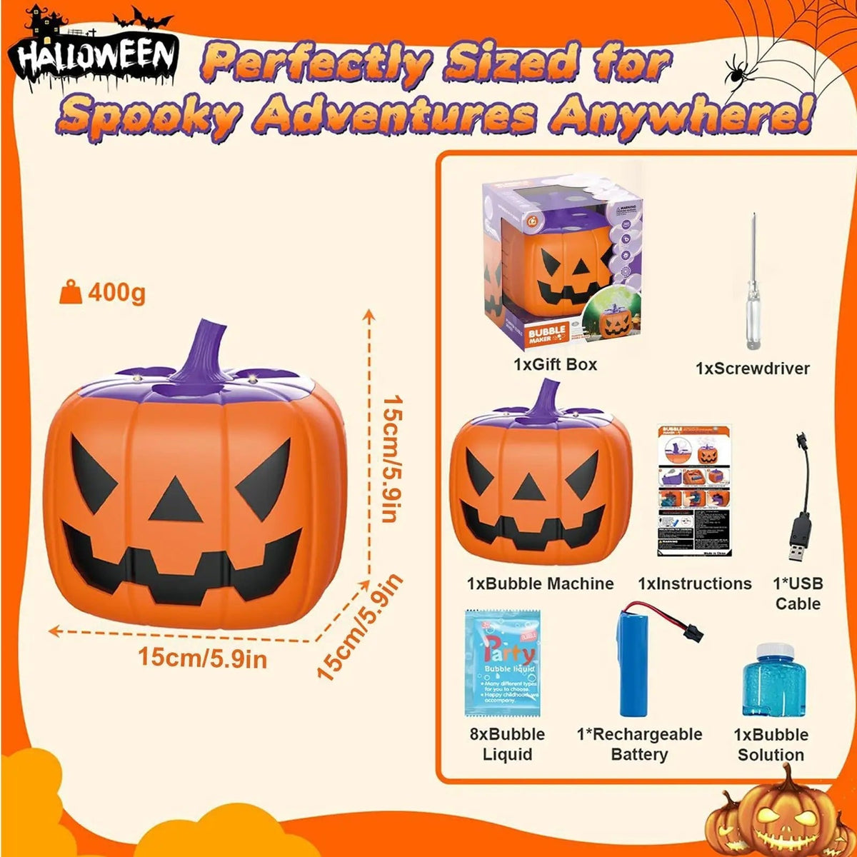 Macchina per bolle di zucca di Halloween e soffiatore con luci a LED per decorazioni per feste all'aperto
