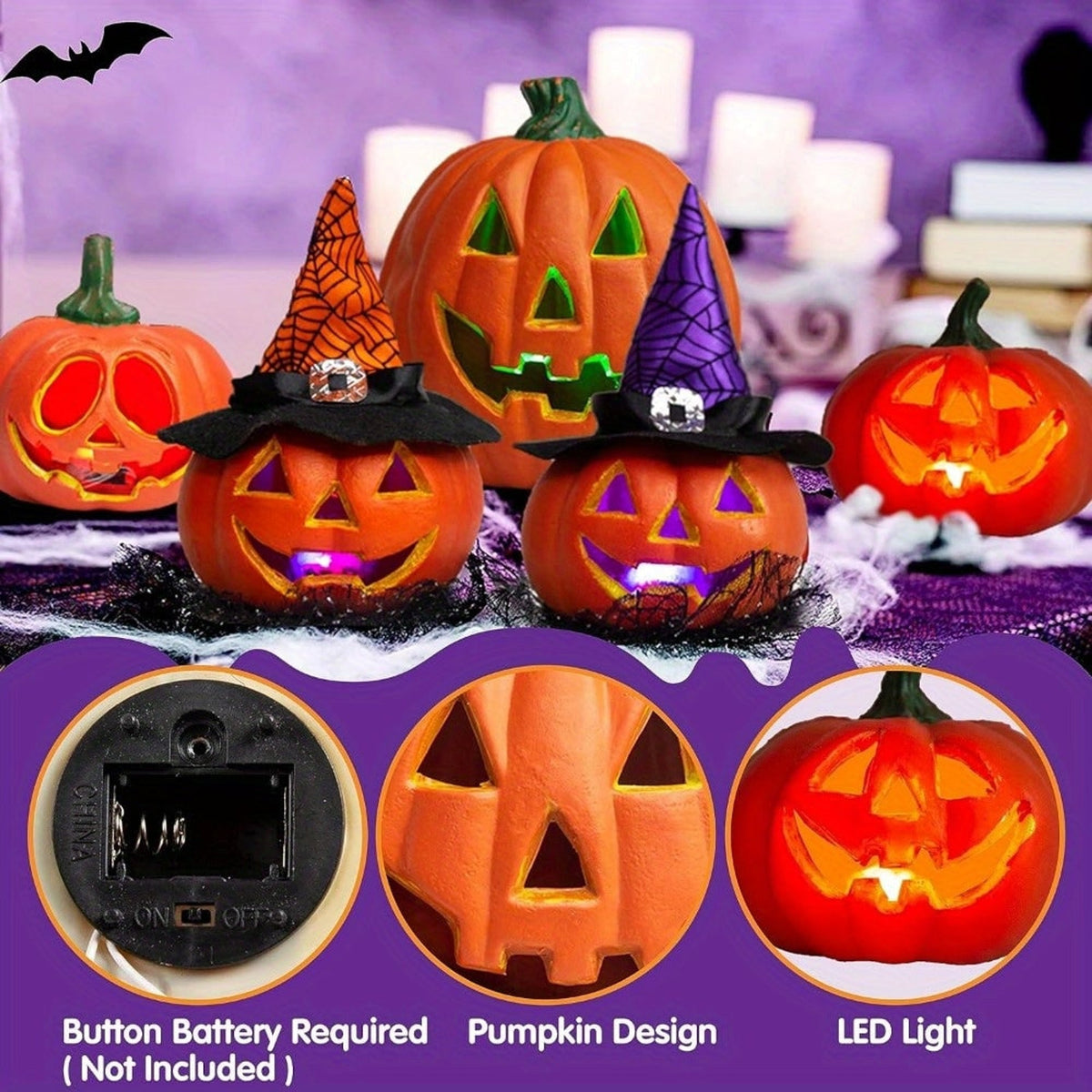 Collezione di luci a forma di zucca di Halloween a LED Jack O'lantern con display indipendente a batteria con bagliore spettrale morbido per decorazioni di Halloween