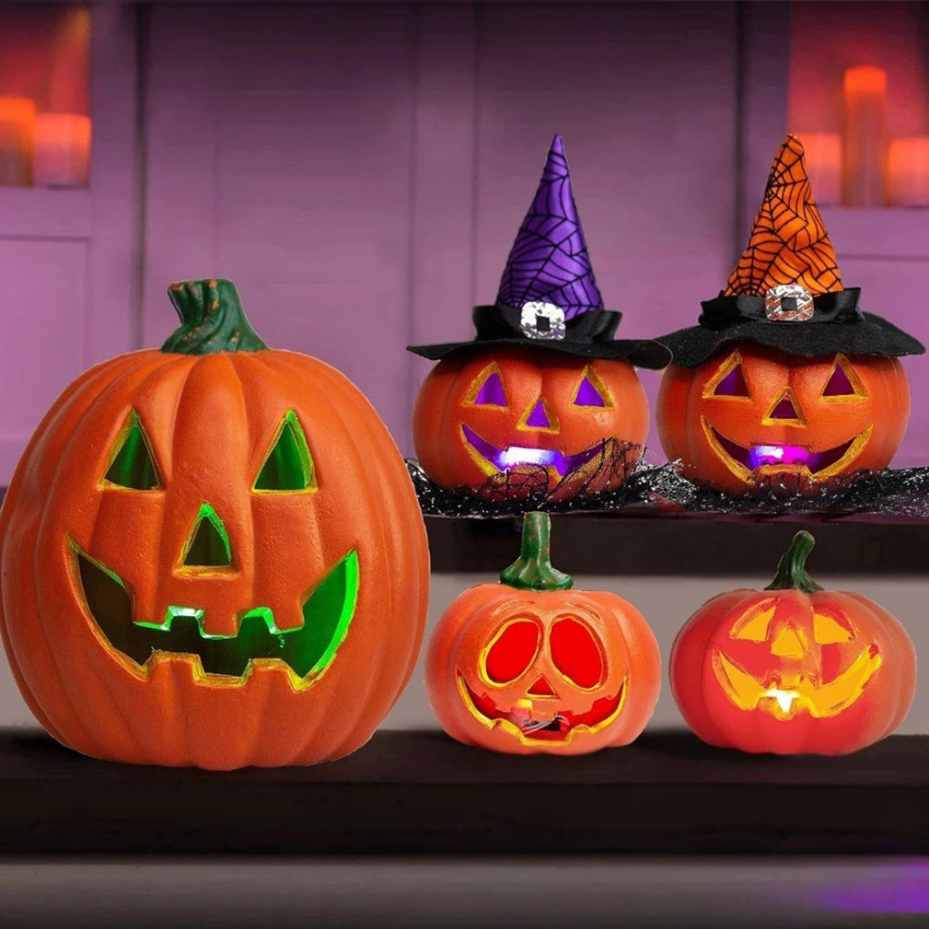 Collezione di luci a forma di zucca di Halloween a LED Jack O'lantern con display indipendente a batteria con bagliore spettrale morbido per decorazioni di Halloween