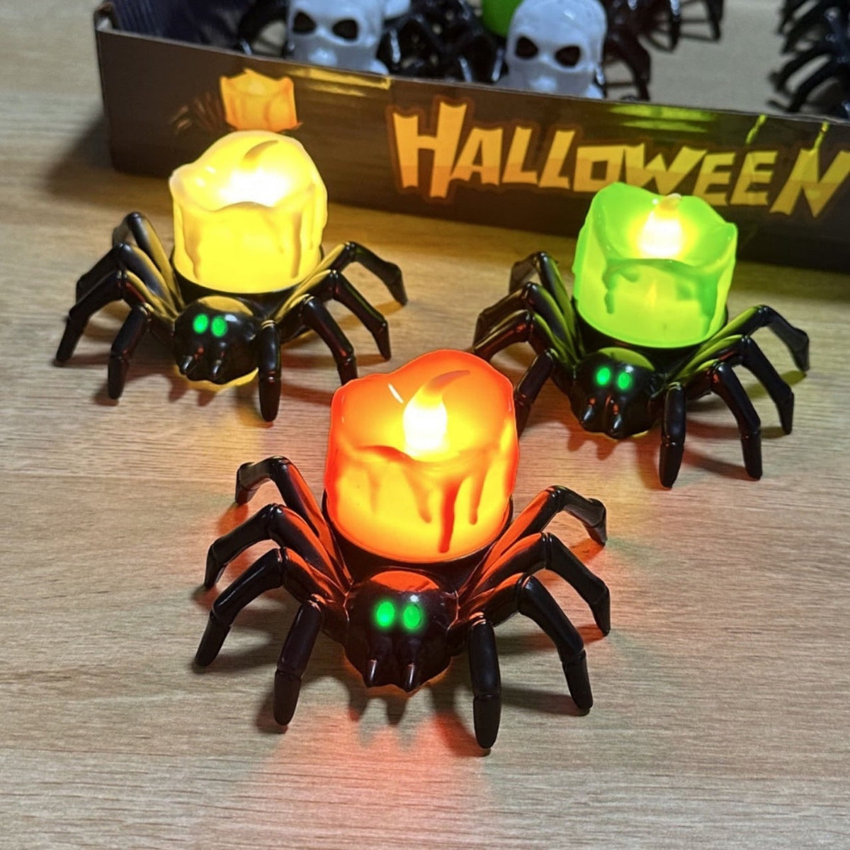 Decorazione a LED a batteria con luci da tè a forma di ragno di Halloween, per feste e case stregate