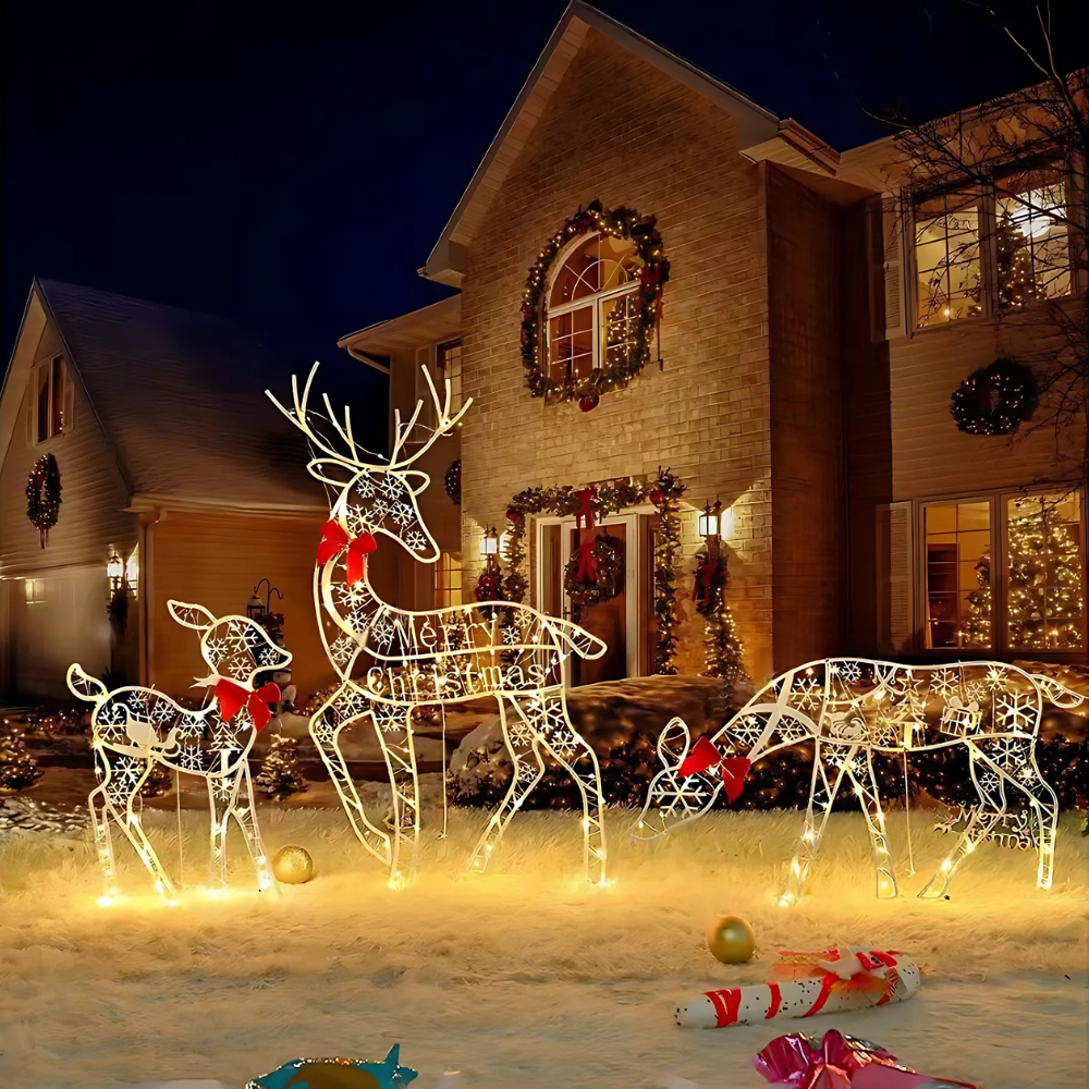 Display con luci per slitta con renne per decorazioni natalizie