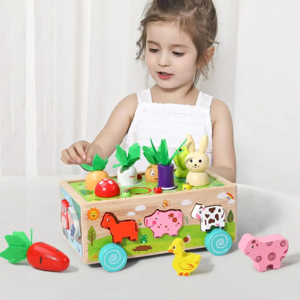 Carretto con puzzle in legno: animali e verdure per bambini