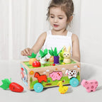 Carretto con puzzle in legno: animali e verdure per bambini