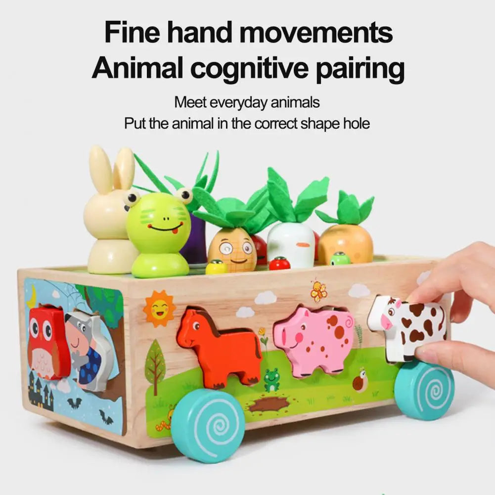 Carretto con puzzle in legno: animali e verdure per bambini