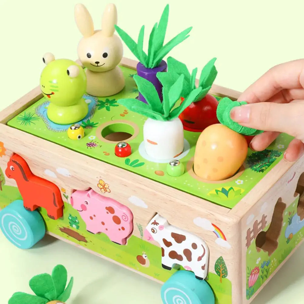 Carretto con puzzle in legno: animali e verdure per bambini