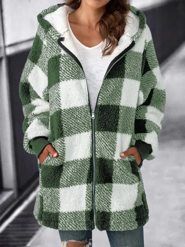 Cappotto ampio scozzese con cappuccio oversize da donna