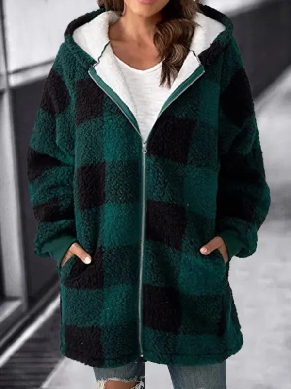 Cappotto ampio scozzese con cappuccio oversize da donna