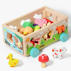 Carretto con puzzle in legno: animali e verdure per bambini
