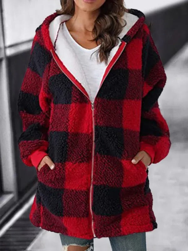 Cappotto ampio scozzese con cappuccio oversize da donna