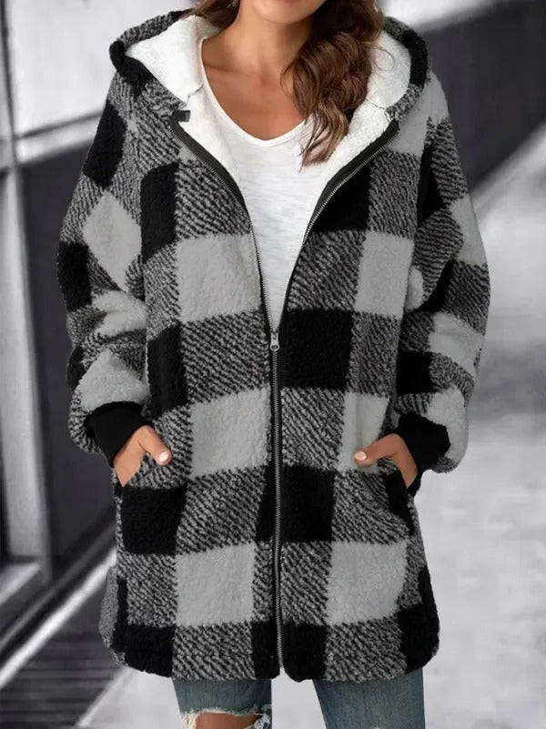 Cappotto ampio scozzese con cappuccio oversize da donna