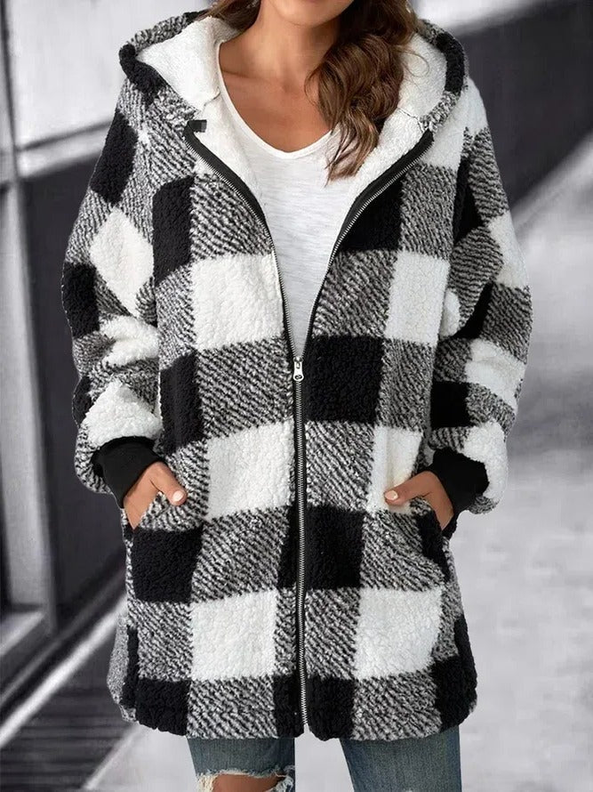 Cappotto ampio scozzese con cappuccio oversize da donna