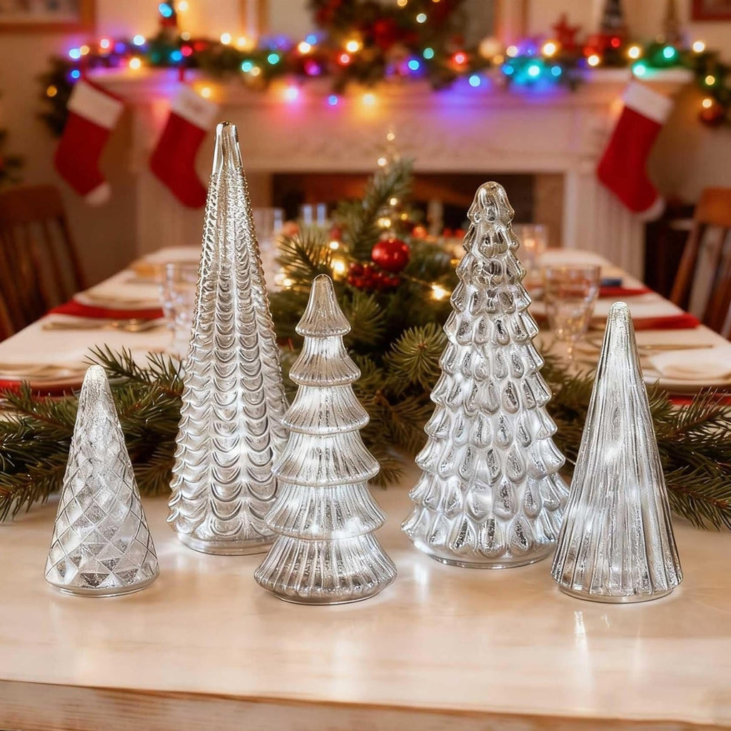 Set GlansPine LED in pino | Decorazione natalizia in argento da 5 pezzi con luce calda