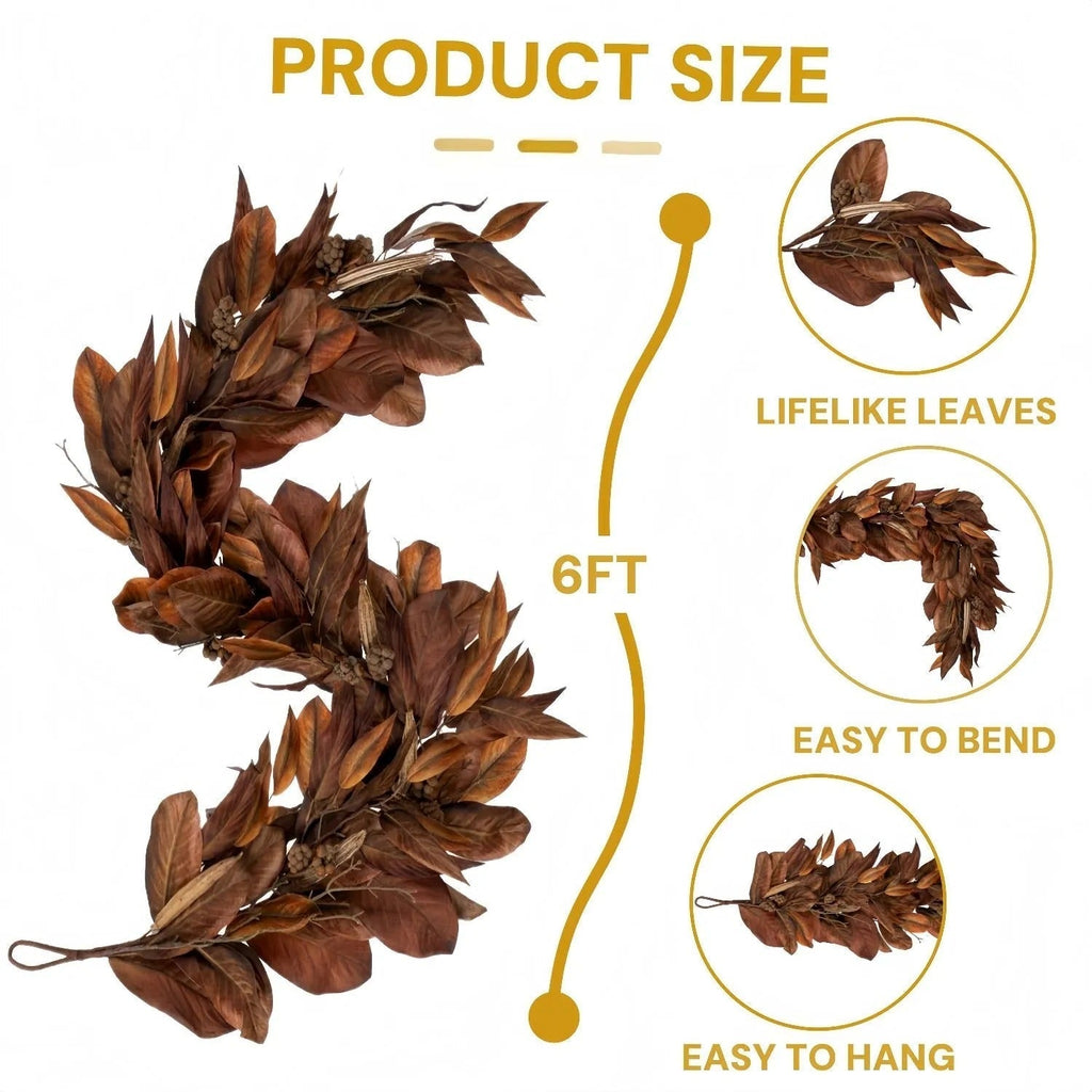 Ghirlanda di foglie di magnolia marrone | decorazione autunnale realistica per interni ed esterni coperti