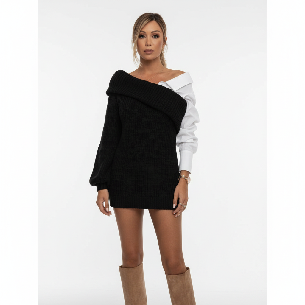 Abito da donna con dettaglio camicia con scollo a V lavorato a maglia