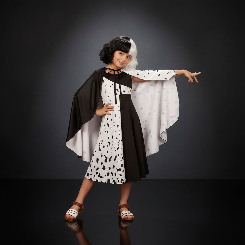 Costume da Crudelia De Mon per Halloween per bambini con parrucca Cape Deville divisa in bianco e nero