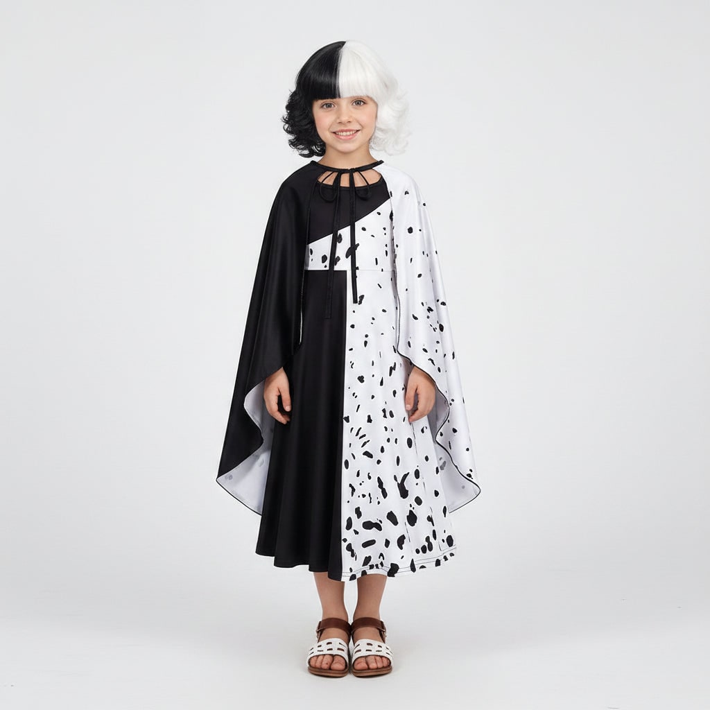 Costume da Crudelia De Mon per Halloween per bambini con parrucca Cape Deville divisa in bianco e nero