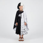Costume da Crudelia De Mon per Halloween per bambini con parrucca Cape Deville divisa in bianco e nero