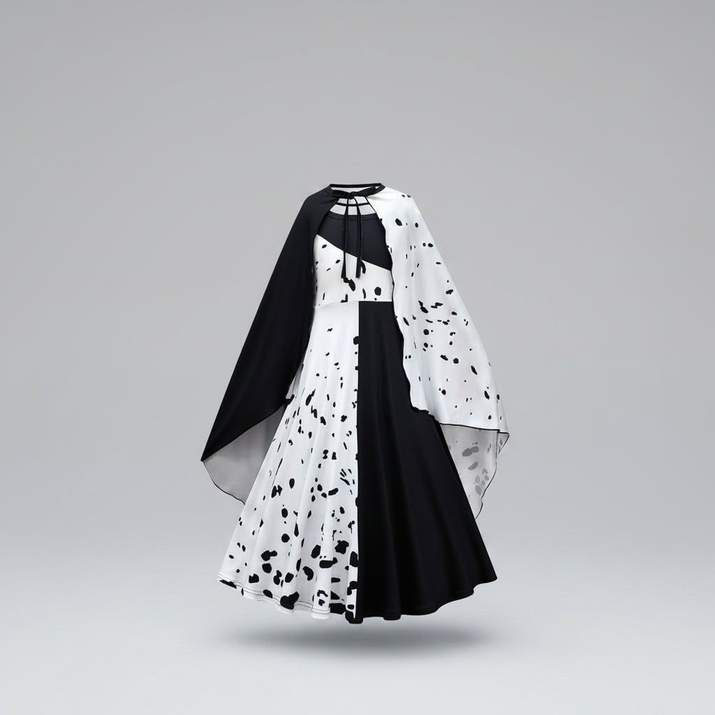Costume da Crudelia De Mon per Halloween per bambini con parrucca Cape Deville divisa in bianco e nero
