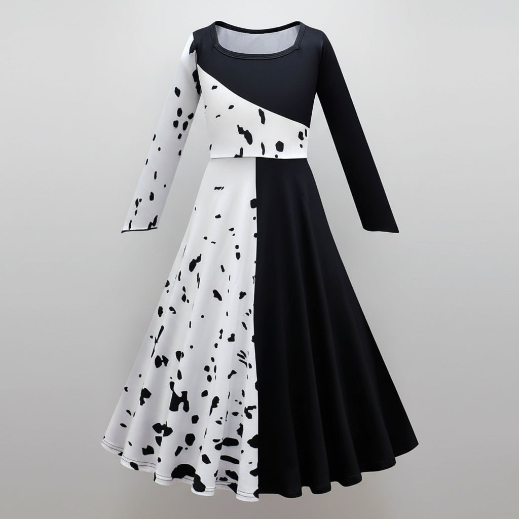 Costume da Crudelia De Mon per Halloween per bambini con parrucca Cape Deville divisa in bianco e nero