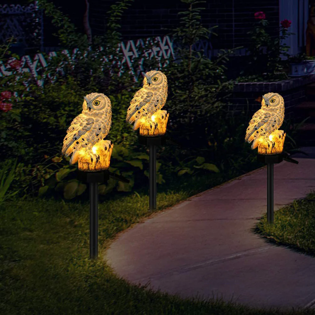Lampada da giardino solare a gufo per vialetto da esterno con picchetto