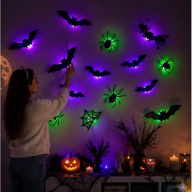 Adesivi per decorazioni murali a LED per Halloween con design che si illumina al buio per decorazioni per feste in casa stregata per interni ed esterni, design 3D illuminato