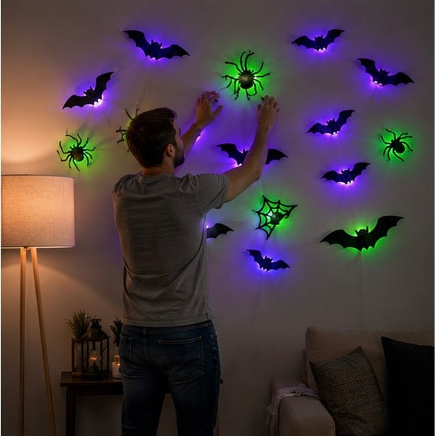 Adesivi per decorazioni murali a LED per Halloween con design che si illumina al buio per decorazioni per feste in casa stregata per interni ed esterni, design 3D illuminato