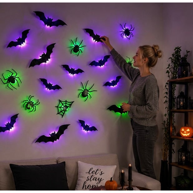 Adesivi per decorazioni murali a LED per Halloween con design che si illumina al buio per decorazioni per feste in casa stregata per interni ed esterni, design 3D illuminato