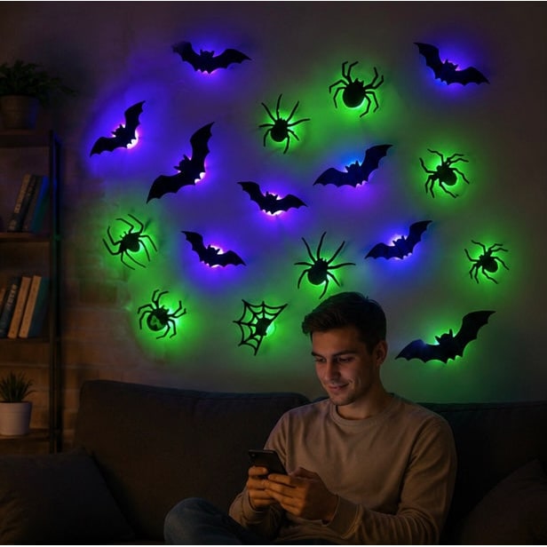 Adesivi per decorazioni murali a LED per Halloween con design che si illumina al buio per decorazioni per feste in casa stregata per interni ed esterni, design 3D illuminato