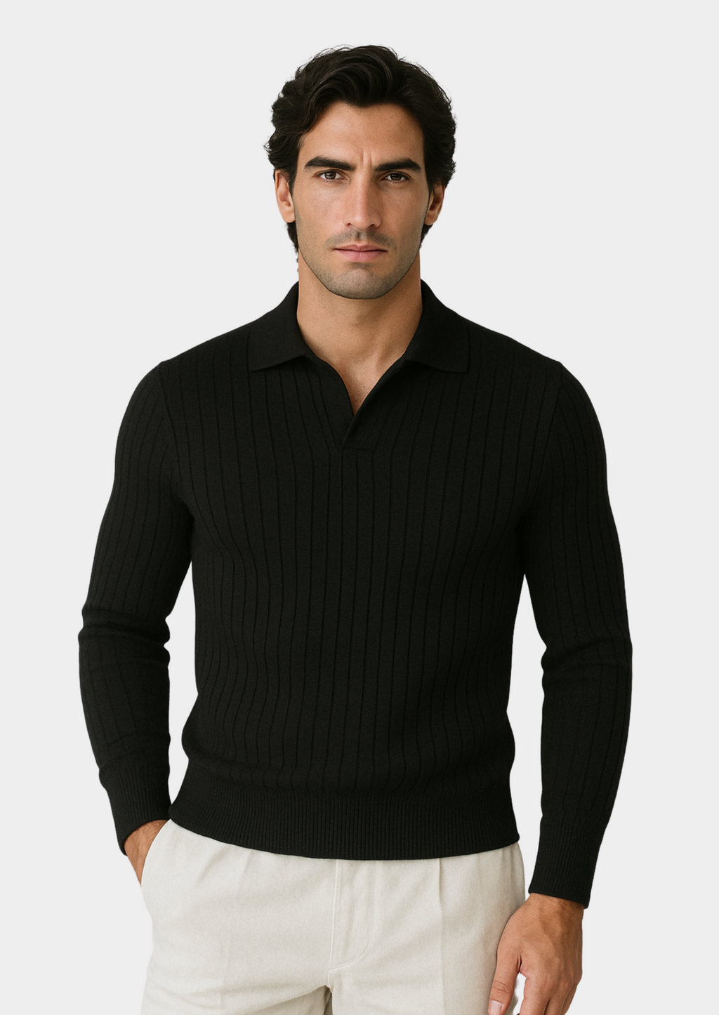 Maglione polo da uomo nero con colletto aperto per uno stile raffinato