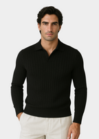 Maglione polo da uomo nero con colletto aperto per uno stile raffinato