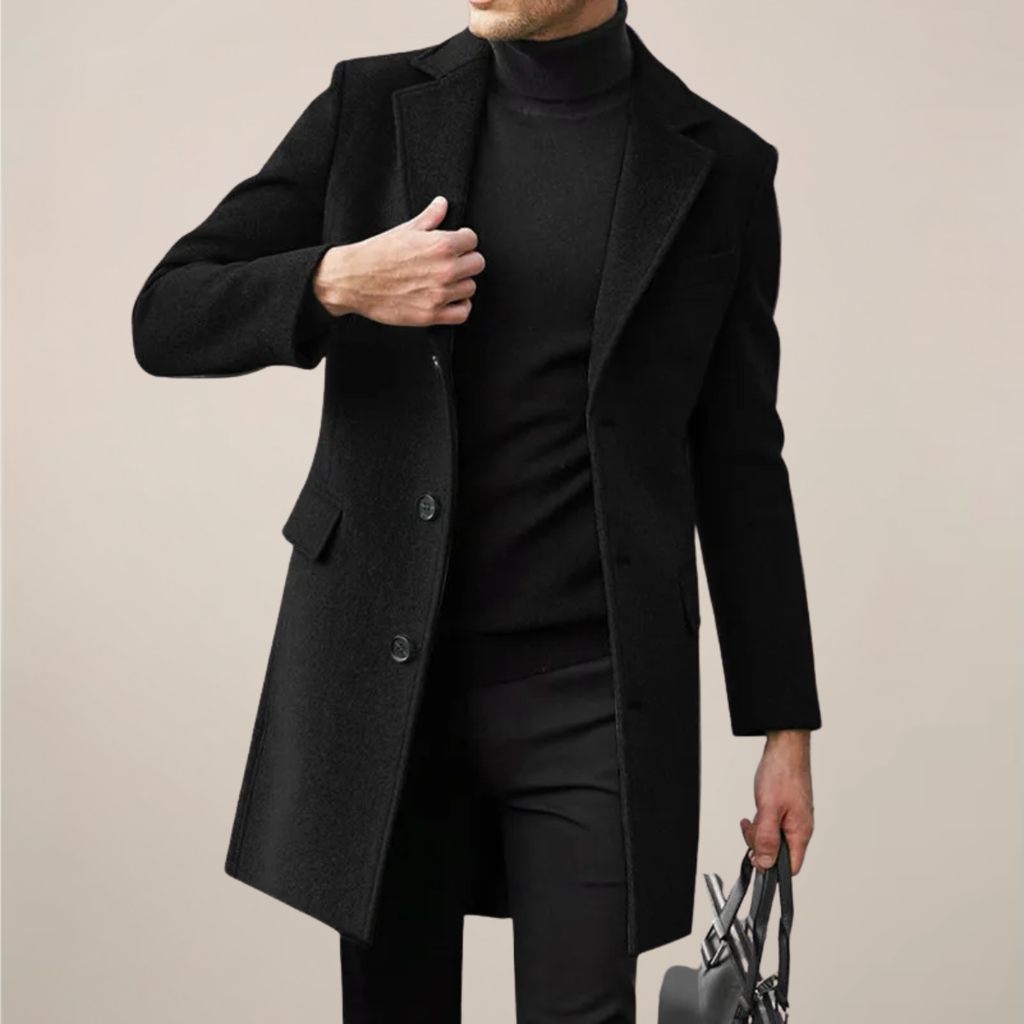 Soprabito lungo nero da uomo: elegante cappotto invernale monopetto