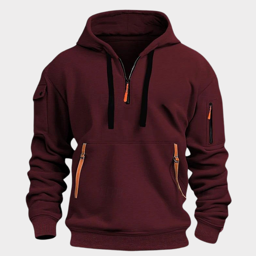 Felpa con cappuccio casual da uomo con mezza zip e tasche sicure